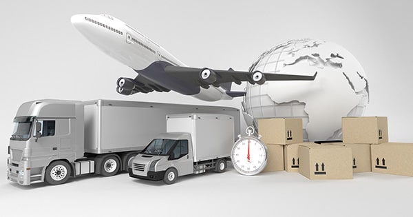 A logistics-themed image with planes, trucks and boxes